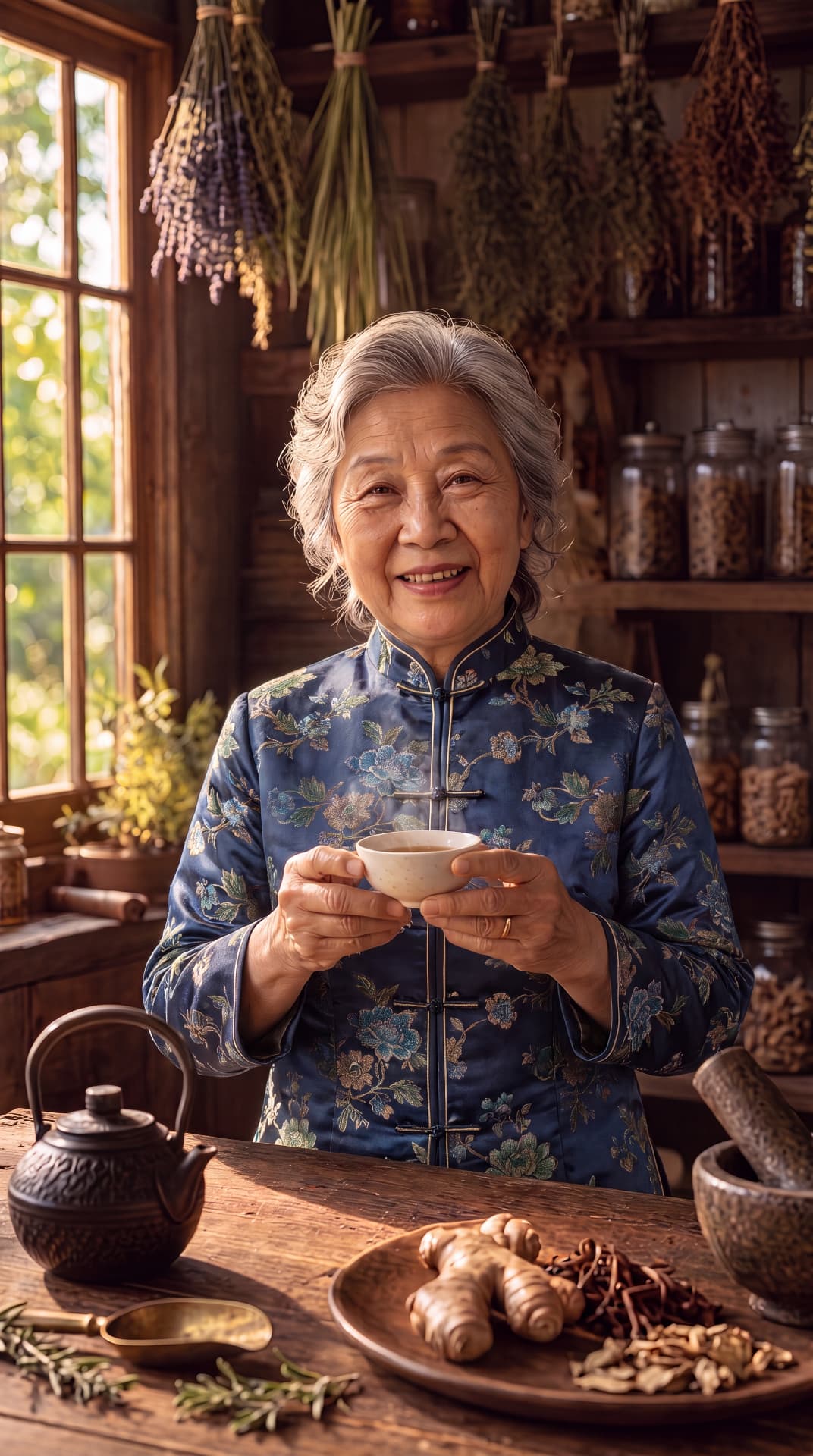 Grandma Bel, the author, holding a cup